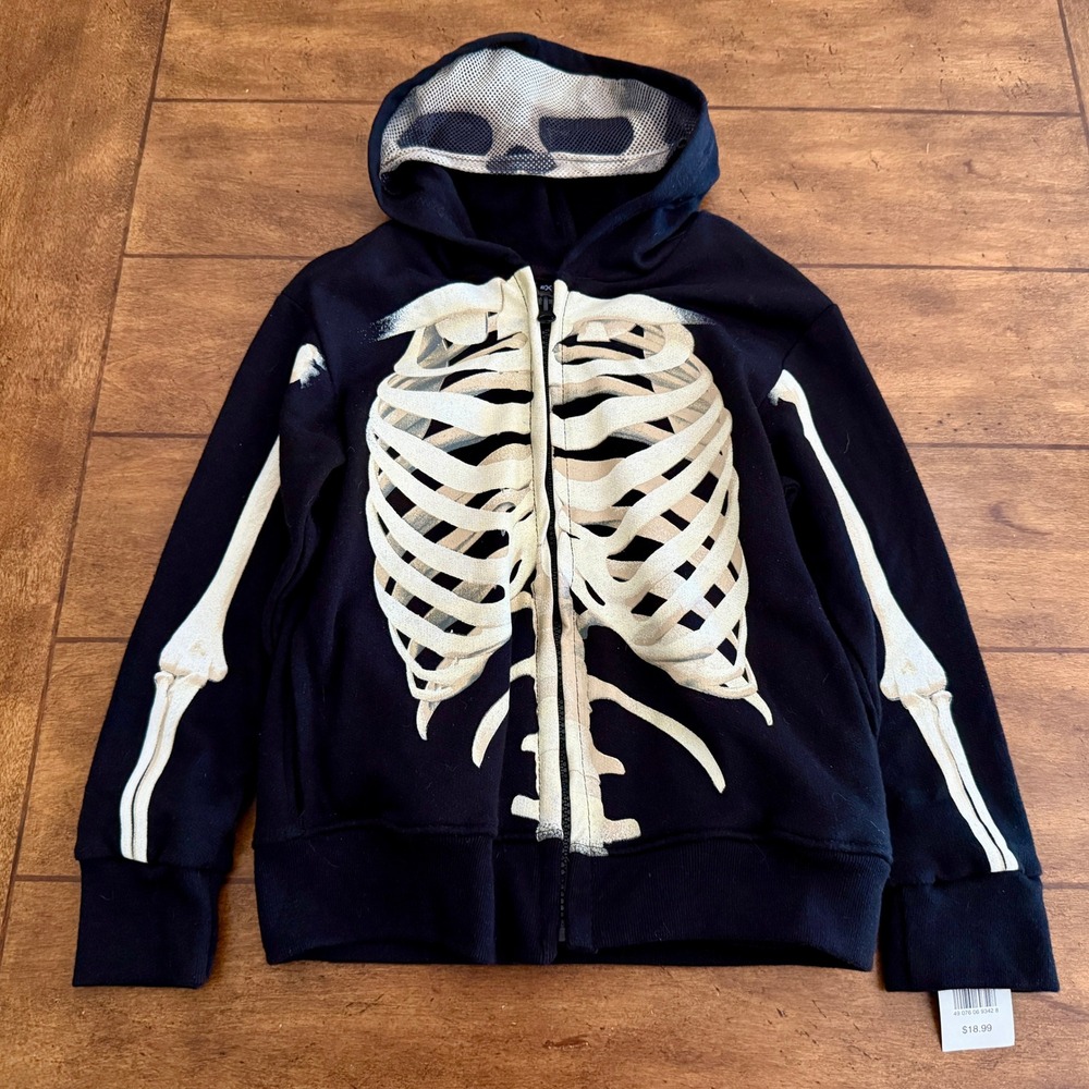 Extreme Concepts Youth Full-Zip Skeleton Hoodie XS Size Black Rib-Cage Graphic